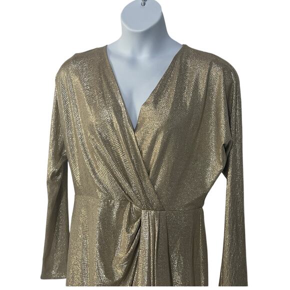 LAUREN RALPH LAUREN WOMENS 16 FAUX WRAP STRETCH COCKTAIL DRESS METALLIC GOLD NEW - Picture 8 of 14